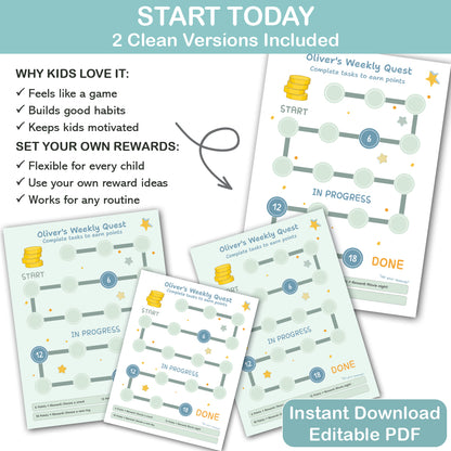 Weekly reward chart for kids printable routine and chore tracker PDF instant download light green design