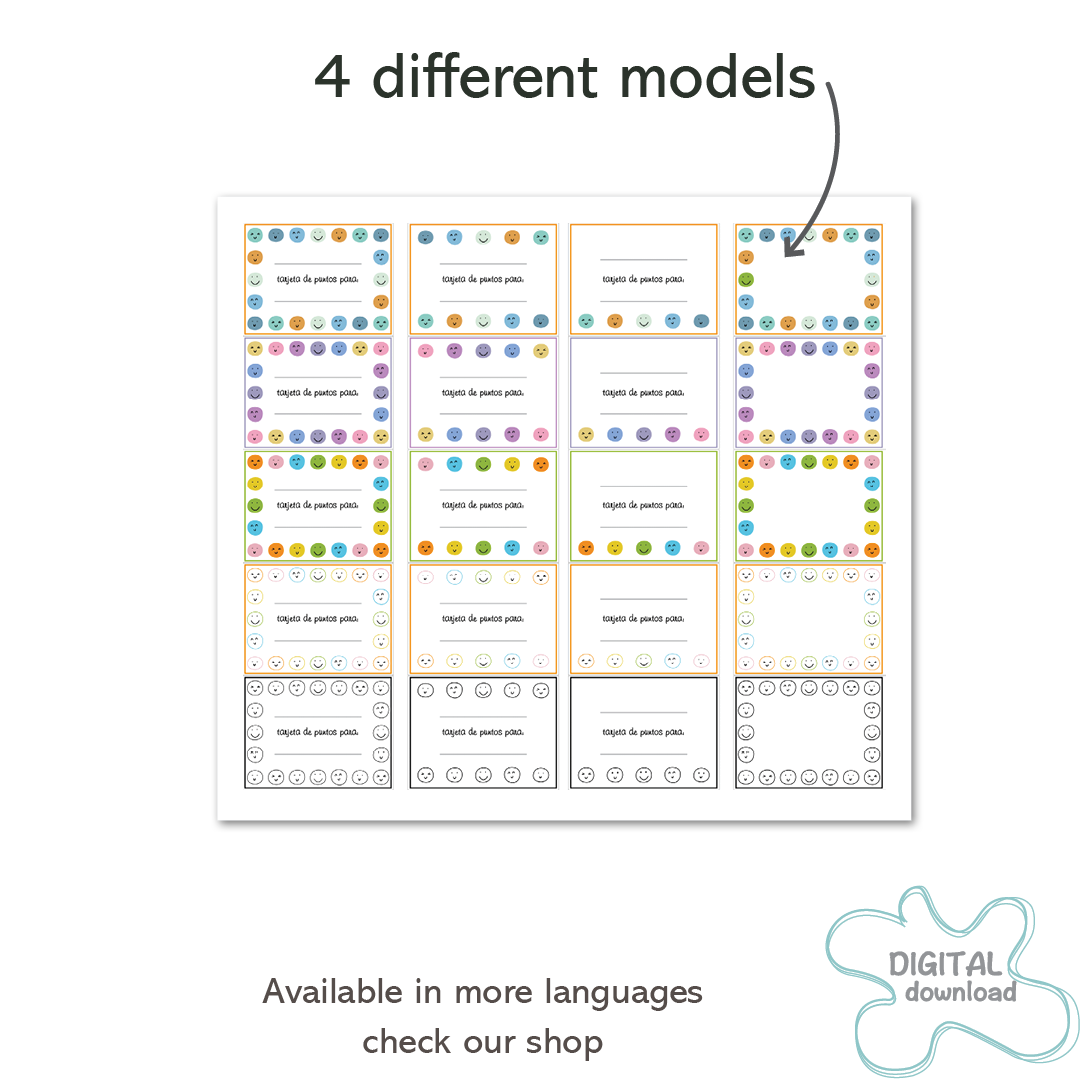 Spanish punch cards in black and white, blue, pink, and multicolor designs