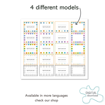 Spanish punch cards in black and white, blue, pink, and multicolor designs
