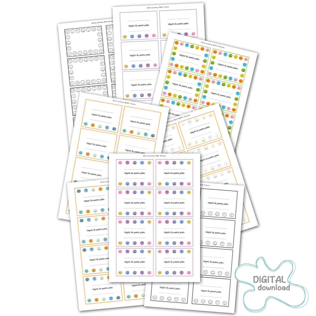 Set of printable Spanish punch cards for classroom and home reward systems