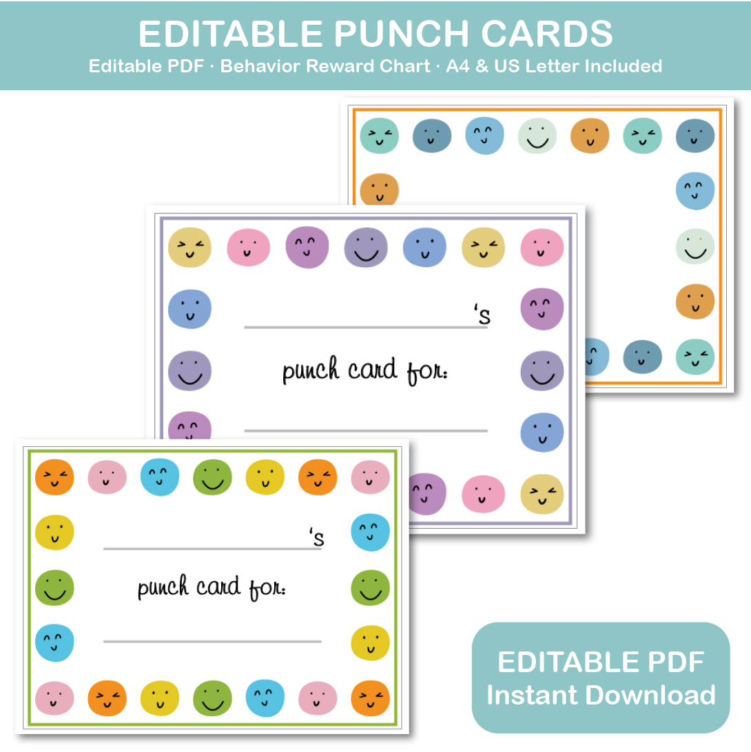 Happy face punch cards for kids printable reward system
