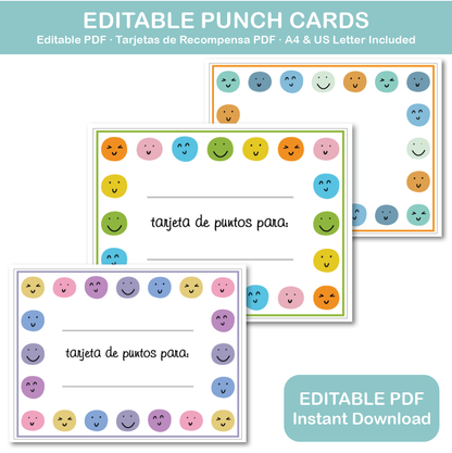 Printable Spanish punch cards for kids with happy face rewards, digital download