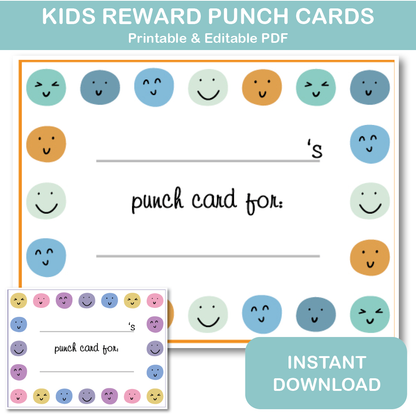 Kids reward punch cards printable – editable behavior reward chart with colorful smiley faces, printable PDF instant download