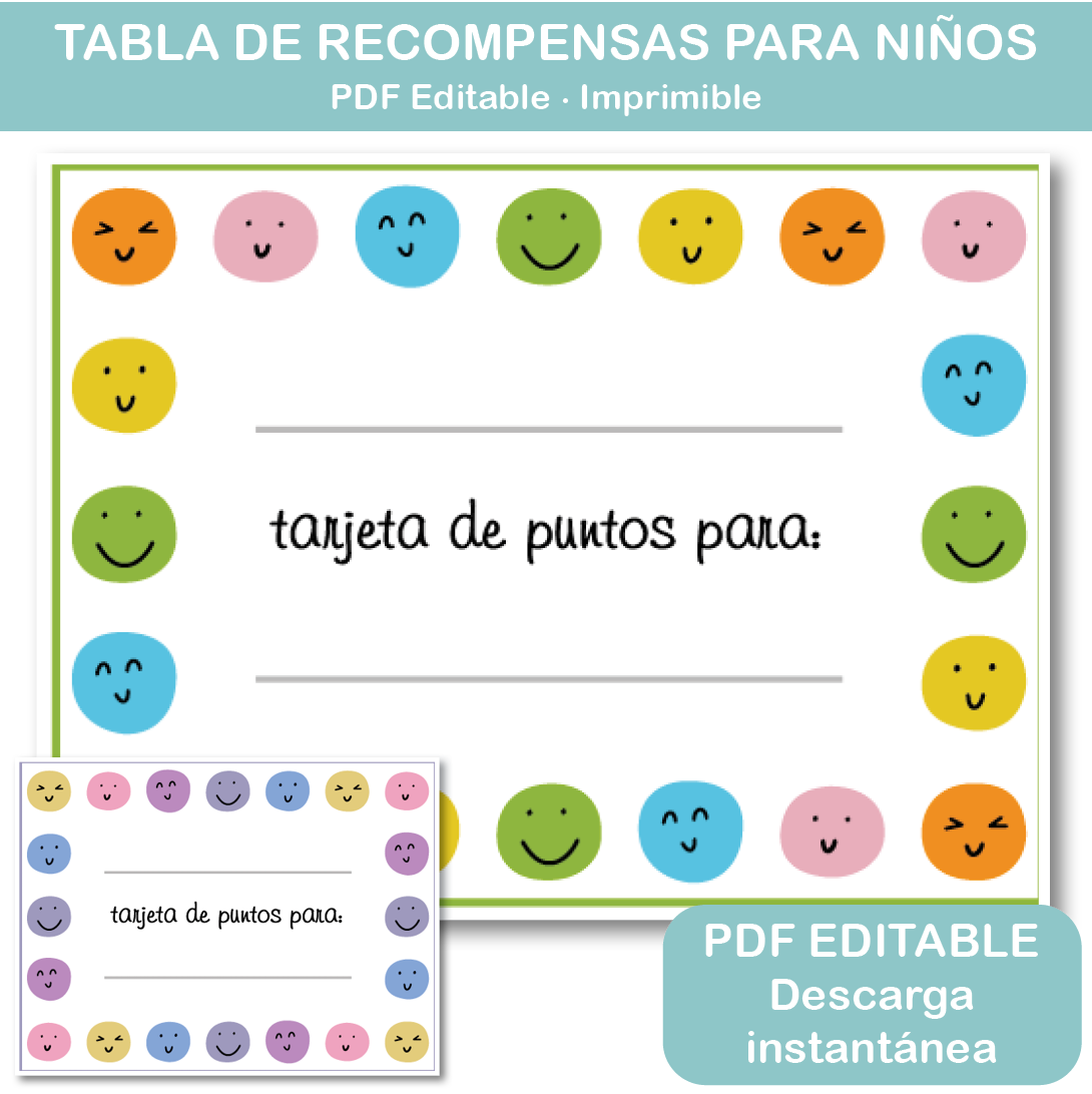 Kids reward punch cards printable – editable behavior reward chart with colorful smiley faces, printable PDF instant download