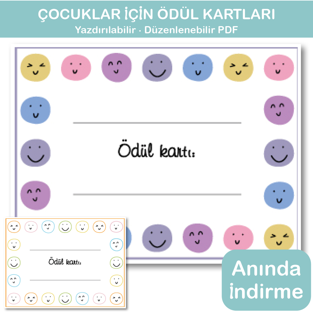 Çocuklar için ödül kartları yazdırılabilir – gülen yüzlü çocuk davranış ödül kartı, düzenlenebilir PDF, anında indirme