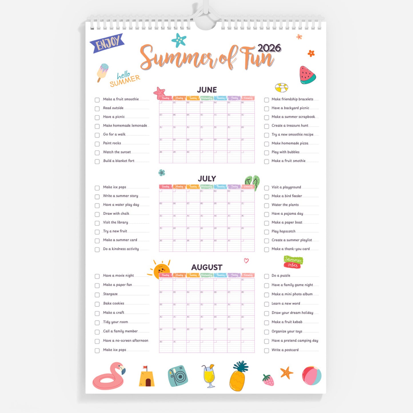 Summer of Fun Calendar 2026 printable poster with kids activity ideas