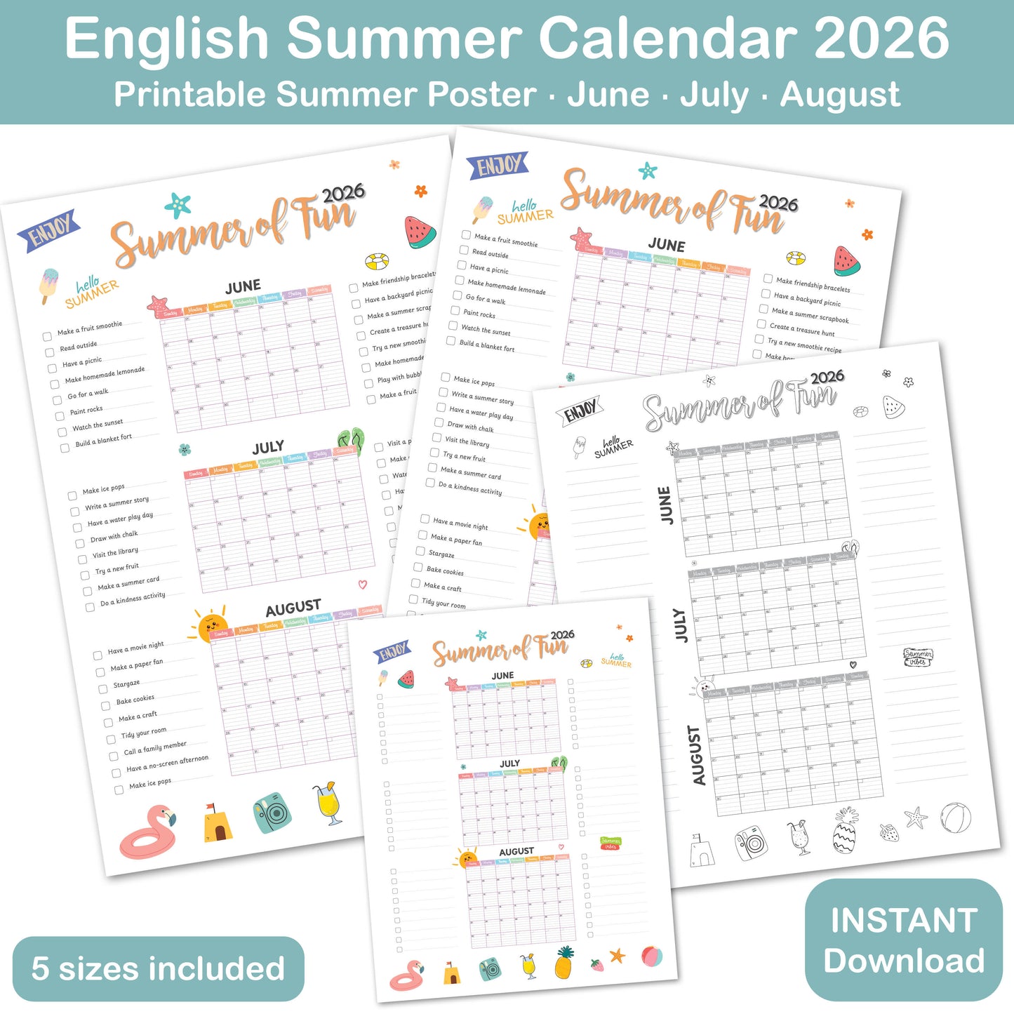 printable summer bucket list calendar for family activities and summer break