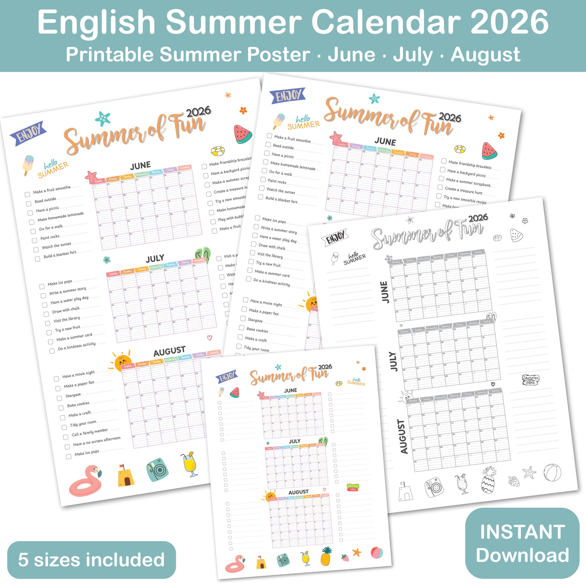 printable summer bucket list calendar for family activities and summer break