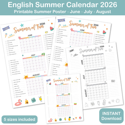 printable summer bucket list calendar for family activities and summer break