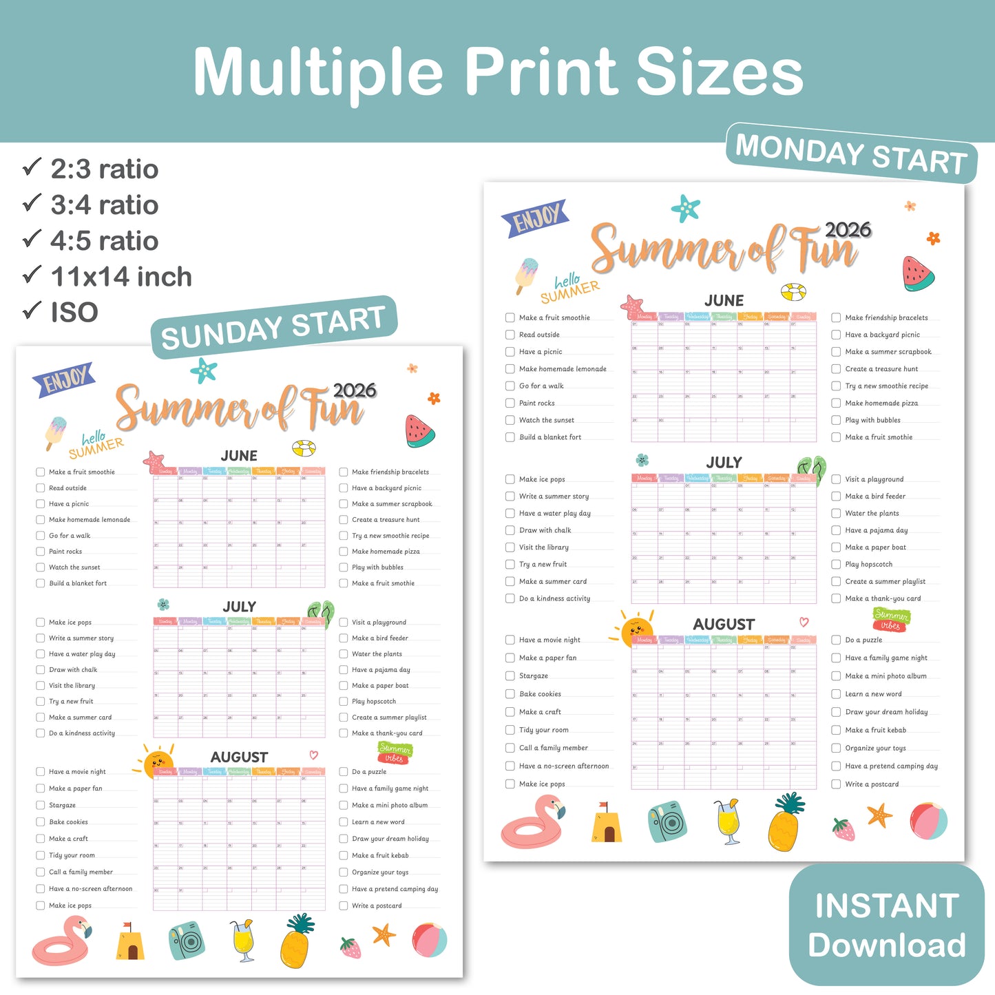 kids summer calendar printable with 50 activity ideas and multiple print sizes