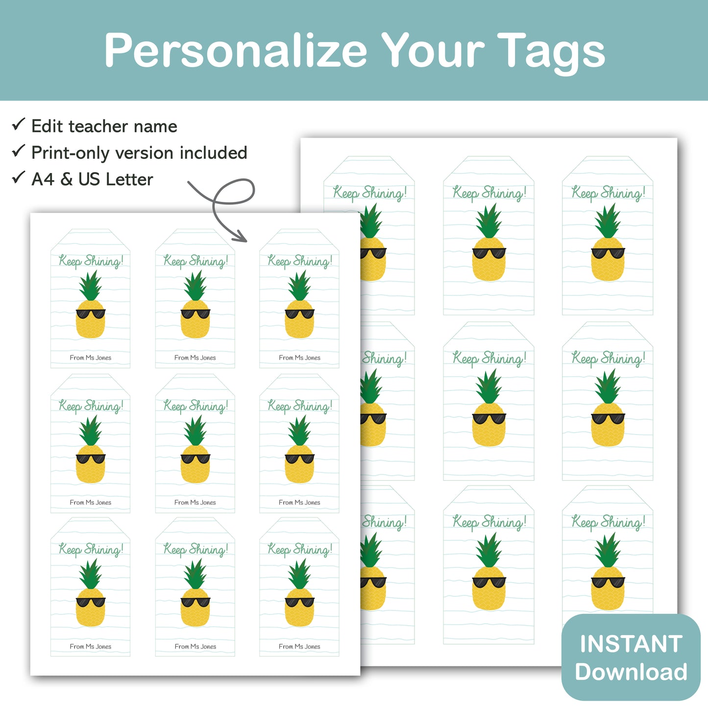 summer student gift tag printable with pineapple design and editable teacher name