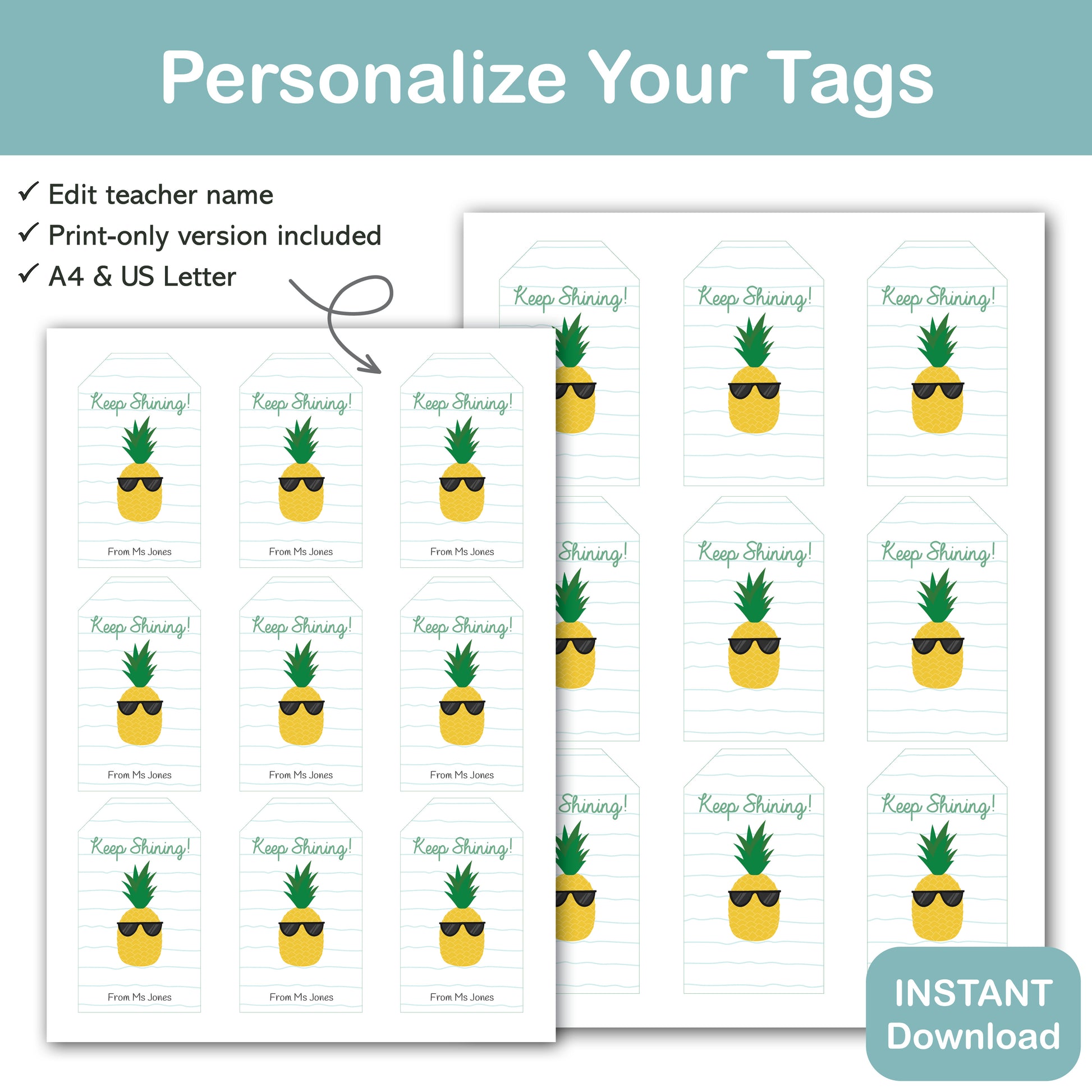 summer student gift tag printable with pineapple design and editable teacher name