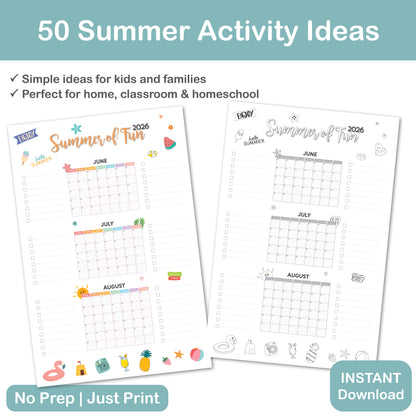 summer planner poster 2026 with Sunday and Monday start versions