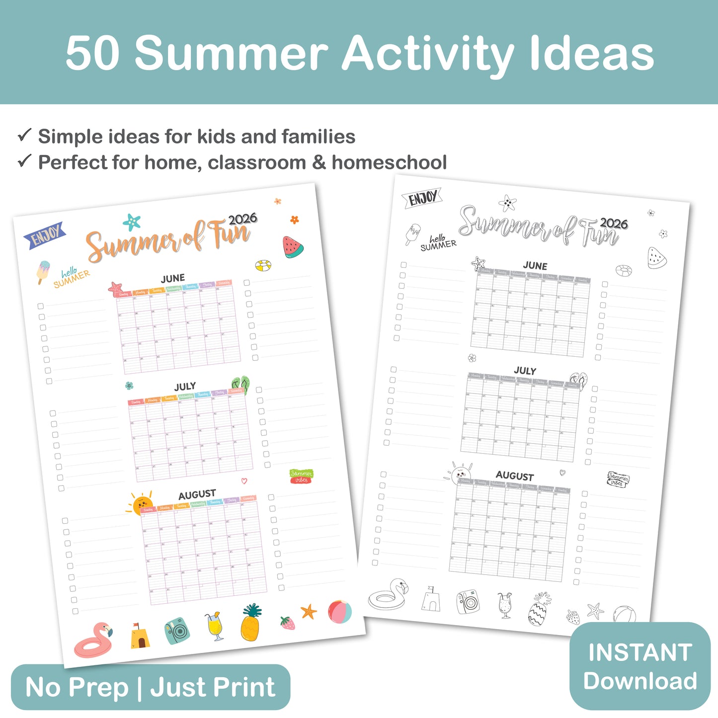 printable summer calendar bundle for kids families homeschool and classroom