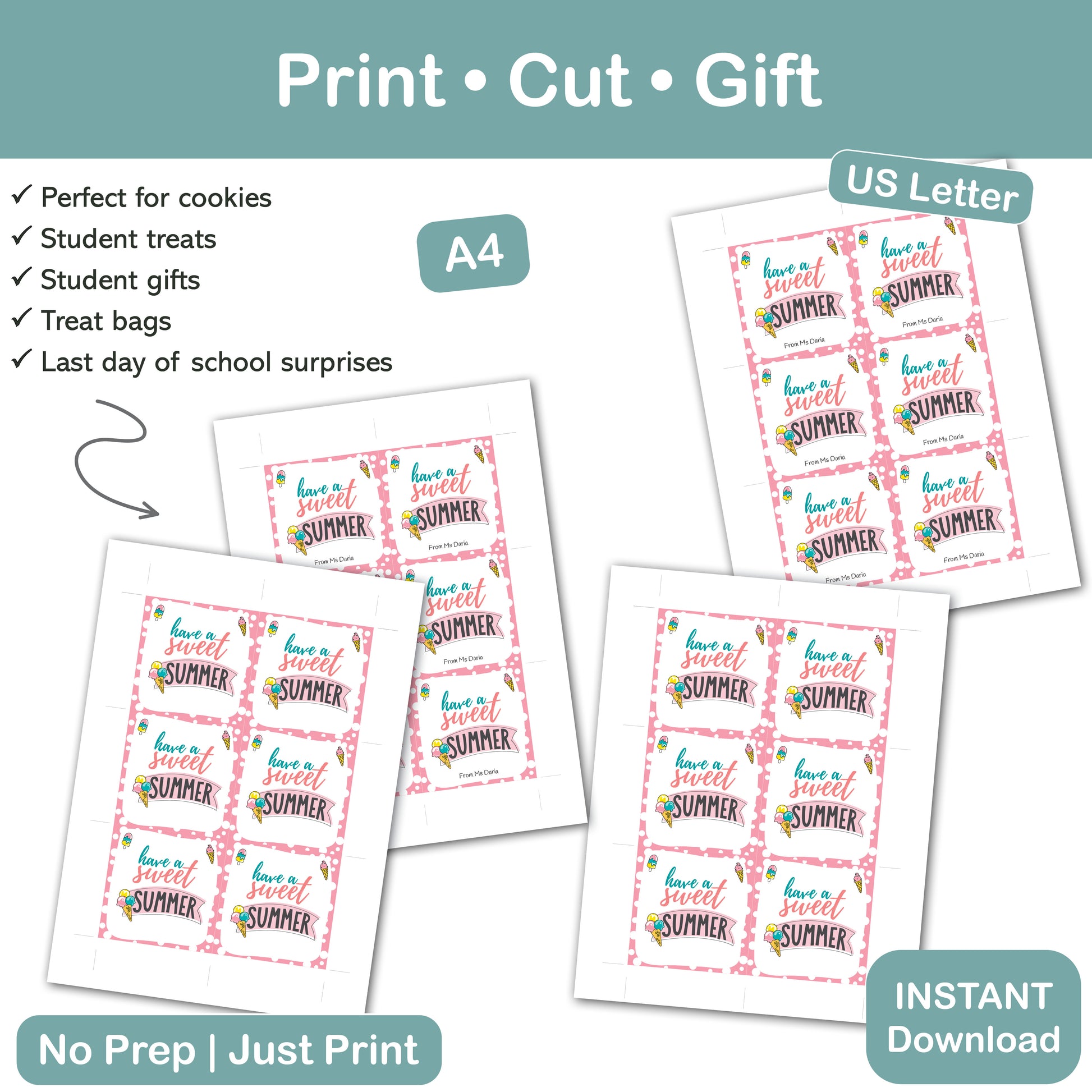 pink summer treat gift tag printable for teachers student gifts sweets and end of year treats