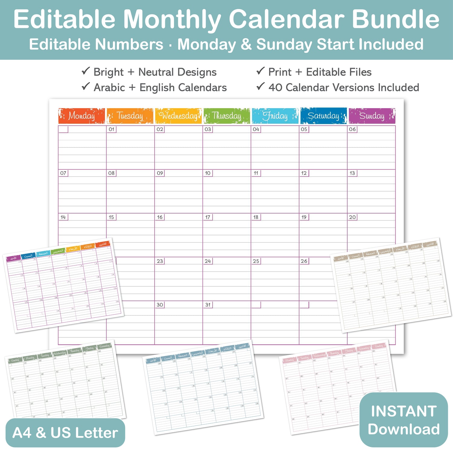 editable monthly calendar bundle with Arabic and English printable calendars