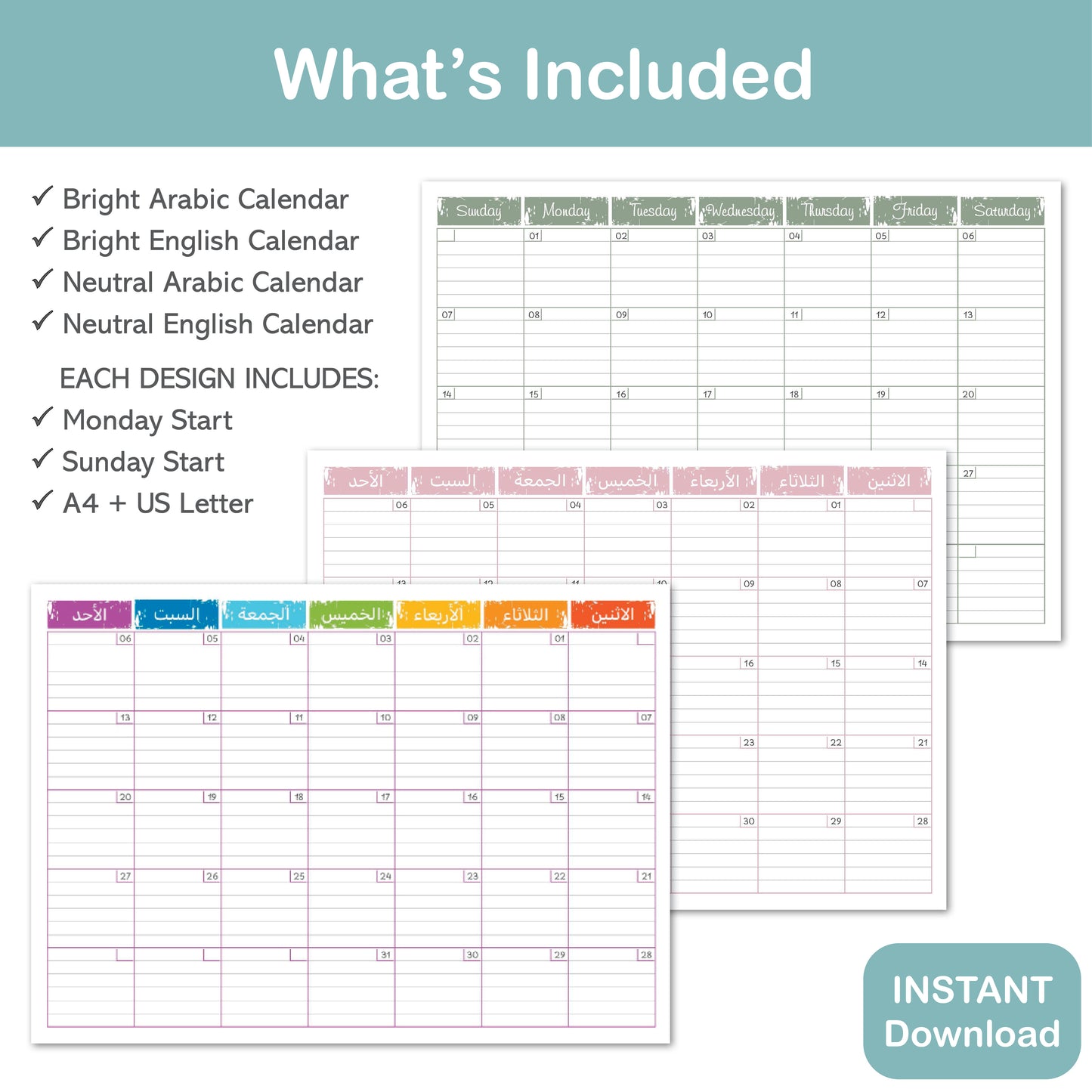 Arabic English undated calendar printable for family and classroom planning