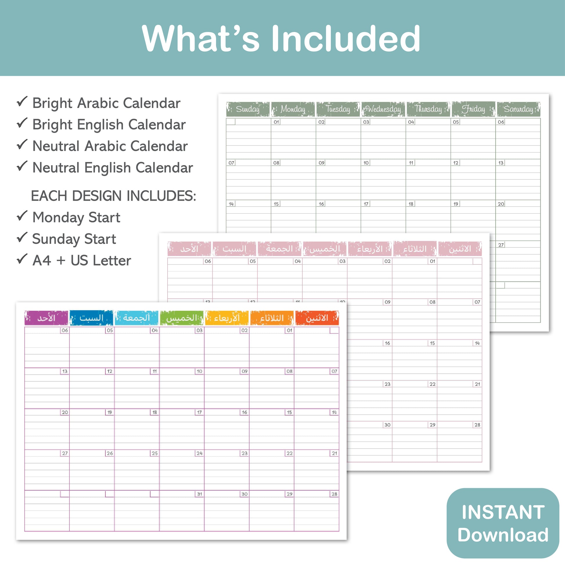 Arabic English undated calendar printable for family and classroom planning