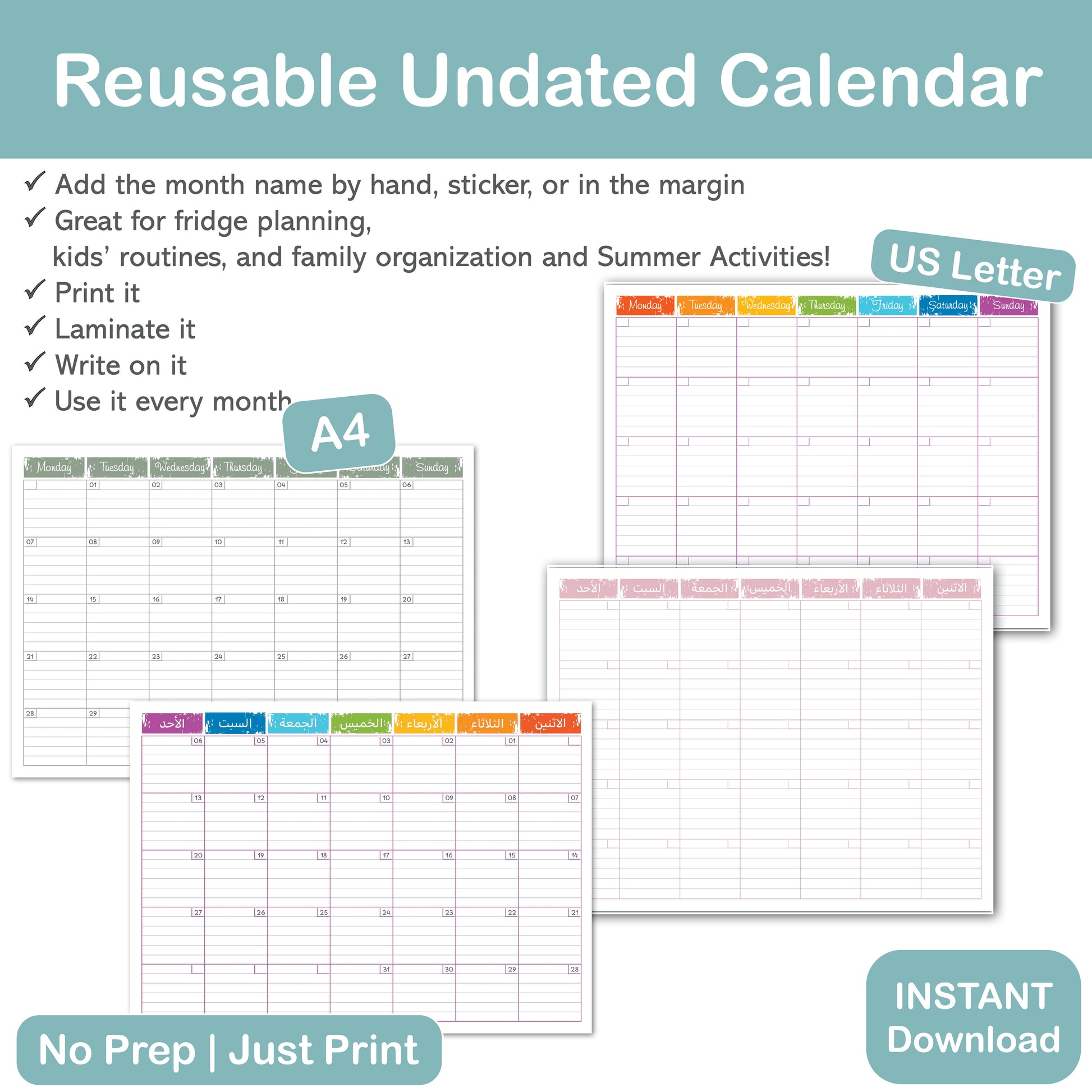 editable calendar bundle with A4 and US Letter printable PDF files