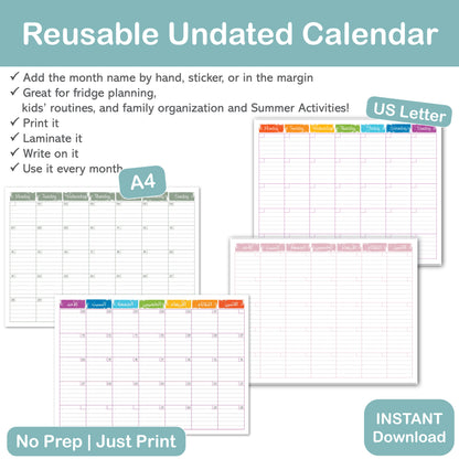 editable calendar bundle with A4 and US Letter printable PDF files