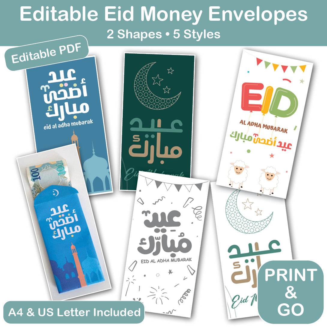 editable eid money envelopes printable PDF 2 shapes 5 styles arabic english eidi gifts