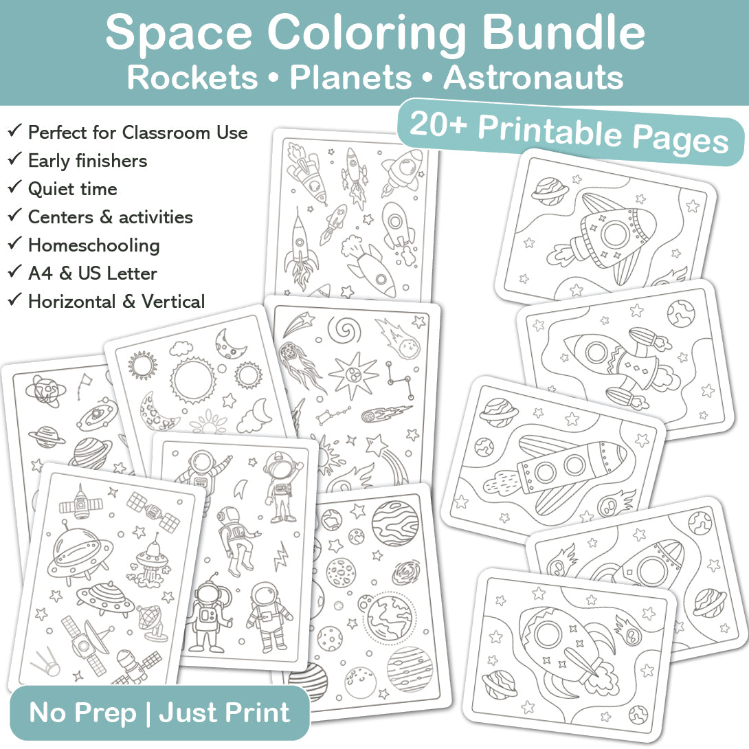 space coloring pages bundle for kids printable 20+ pages rockets planets astronauts pdf instant download