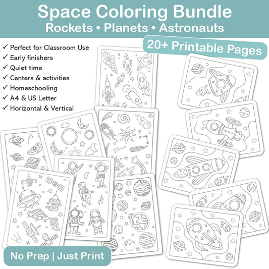 space coloring pages bundle for kids printable 20+ pages rockets planets astronauts pdf instant download