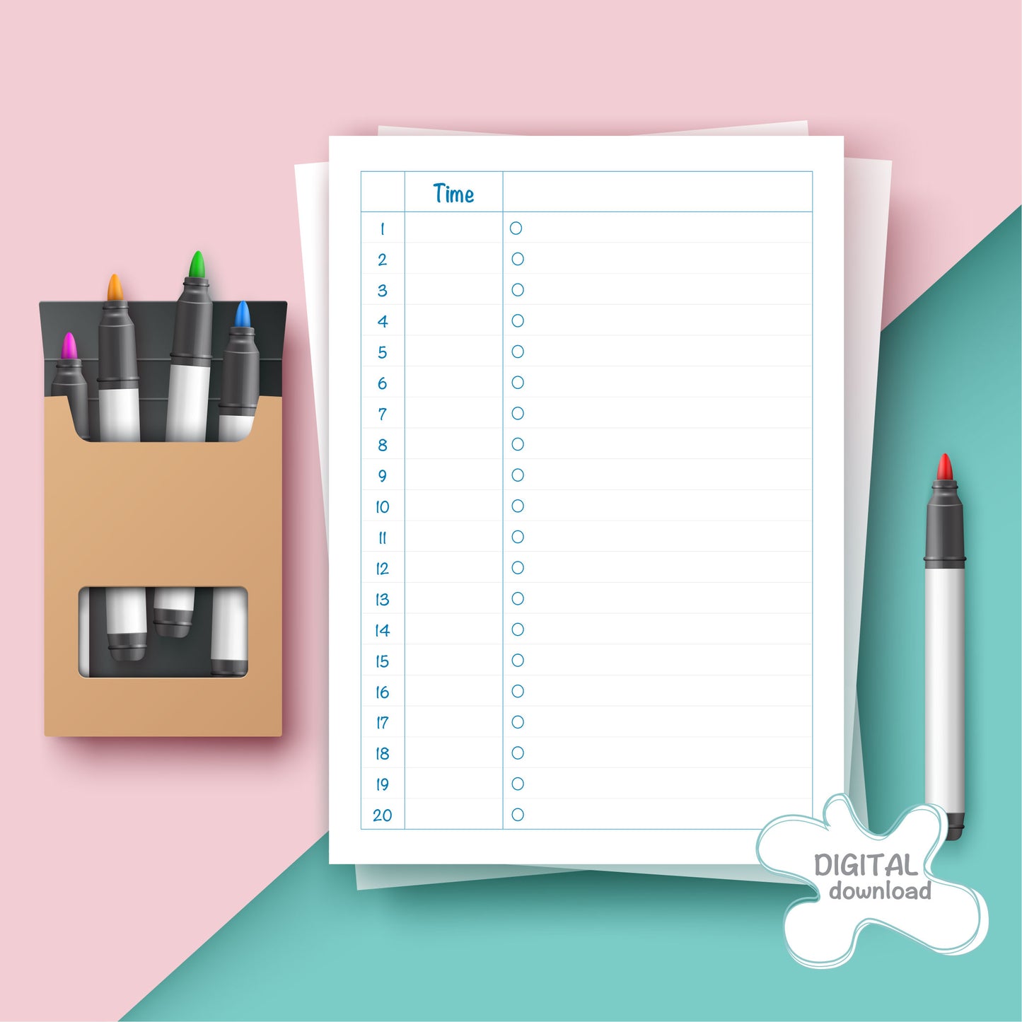Time To-Do List Printable · قائمة المهام مع الوقت – blue and white planner page with “Time” column and numbered checklist, digital download for daily scheduling.