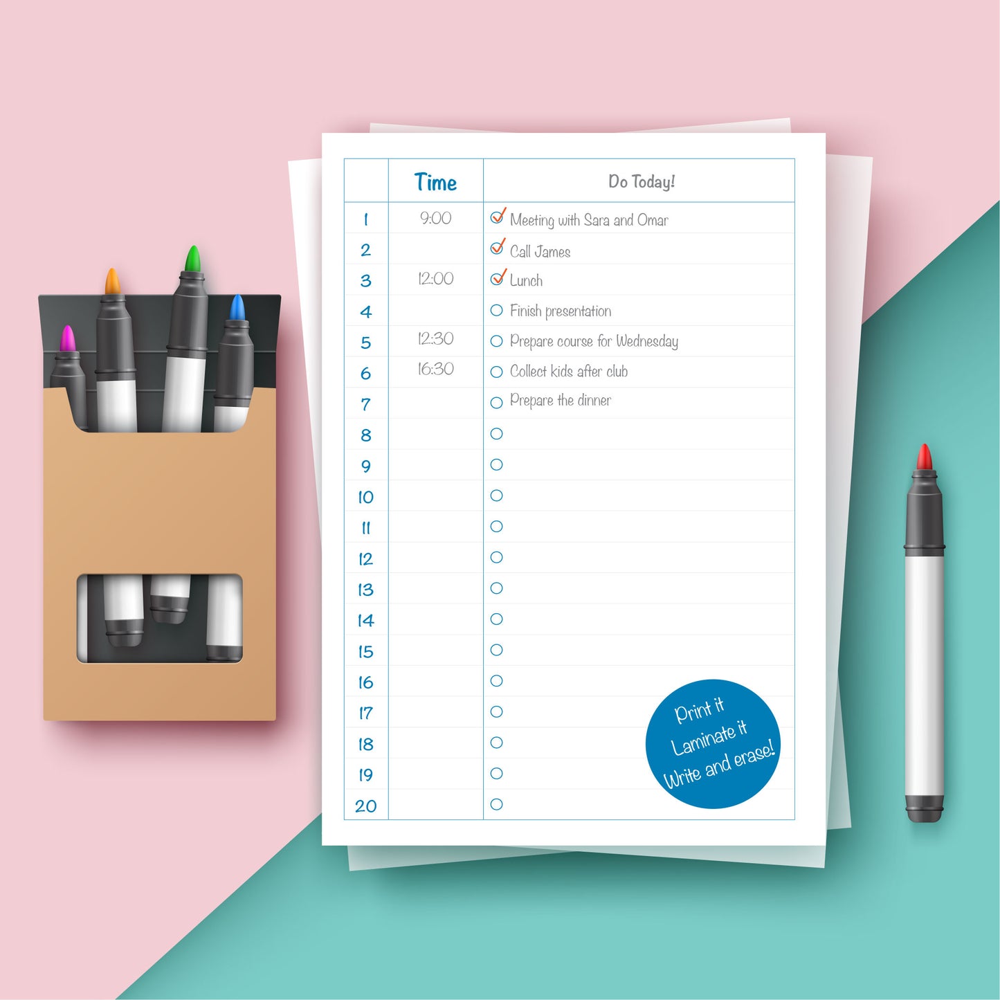 Blue Time Planner Printable · قائمة المهام اليومية – minimalist time-based to-do list with numbers 1–20, printable worksheet for kids and adults.