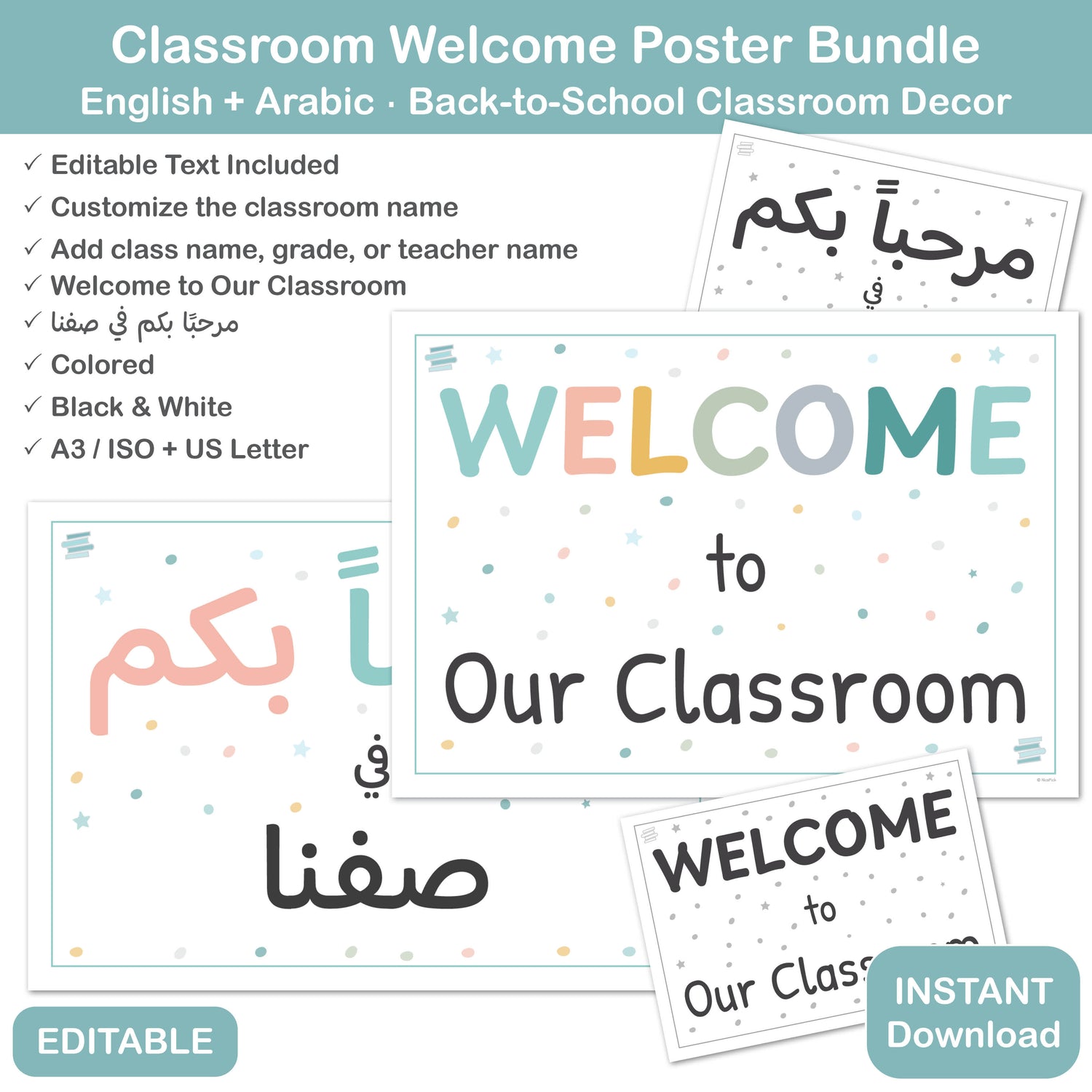 English and Arabic classroom welcome poster bundle with editable text