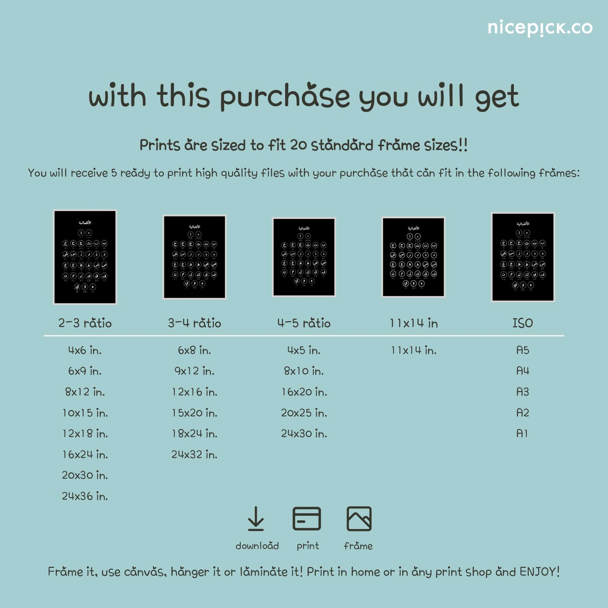 NicePick Arabic Alphabet Poster · لوحة الحروف العربية – instant digital download, educational Arabic wall art with Arabic title.