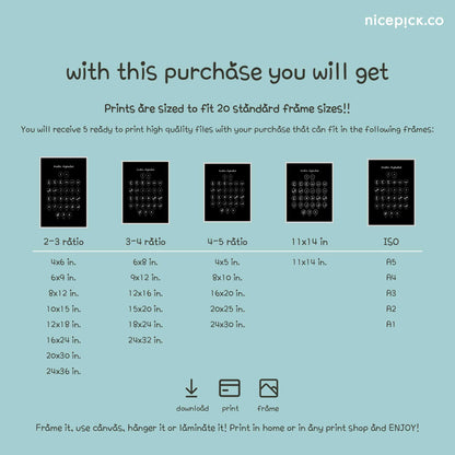 Arabic Alphabet Educational Poster – modern black background with clear white text, printable digital download for children.