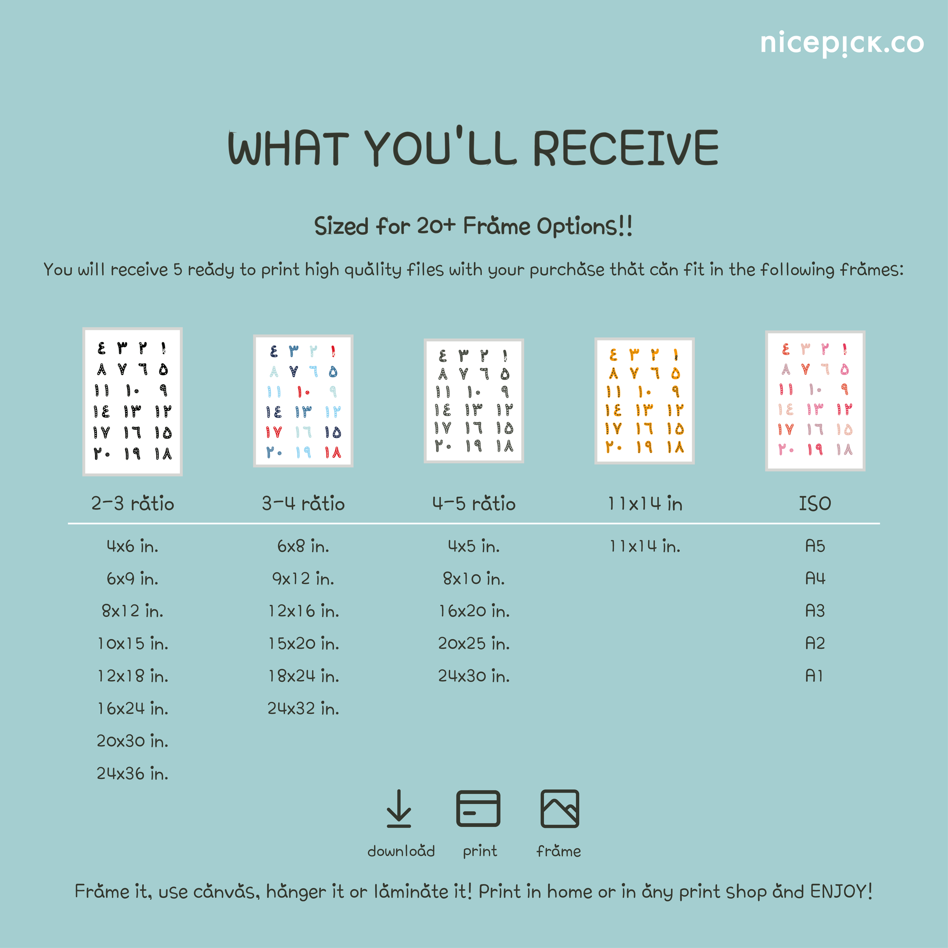 Arabic numbers printable sizes included A4 A3 A2 poster digital download kids wall art