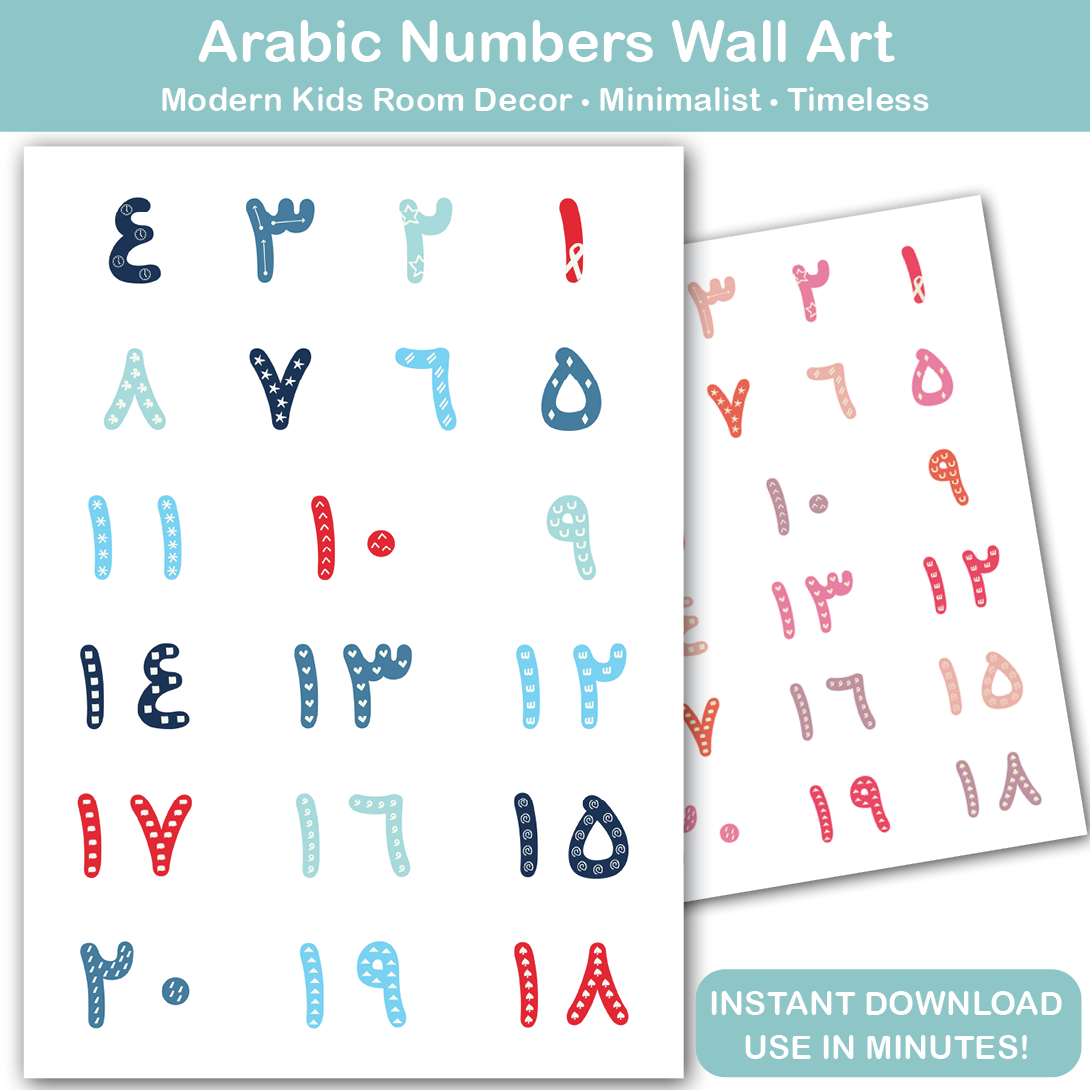 Arabic numbers wall art printable for kids room nursery decor modern Arabic number poster digital download