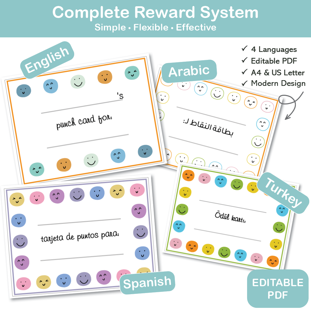 kids reward punch cards multilingual set english arabic spanish turkish printable behavior system