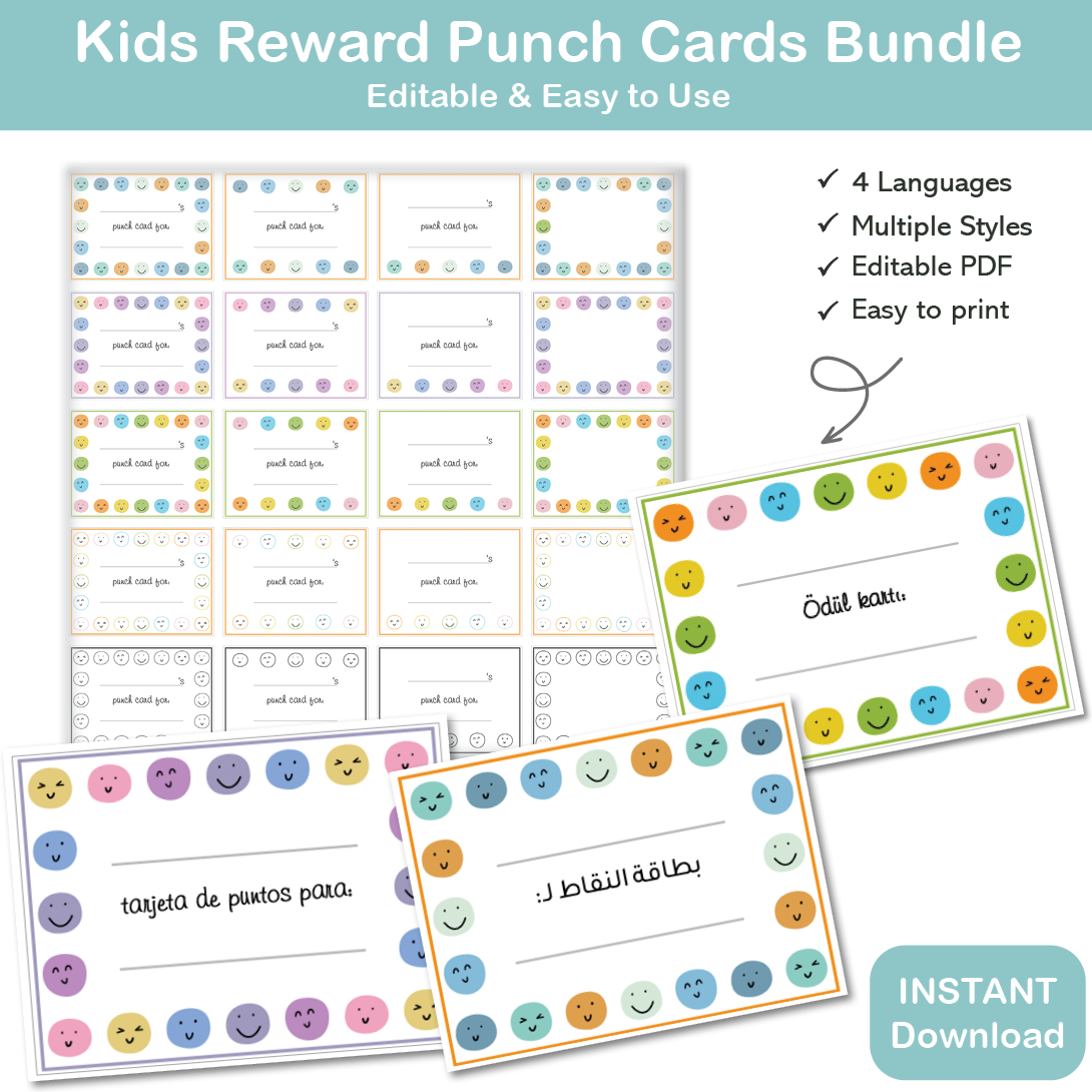 kids reward punch cards multilingual set english arabic spanish turkish printable behavior system