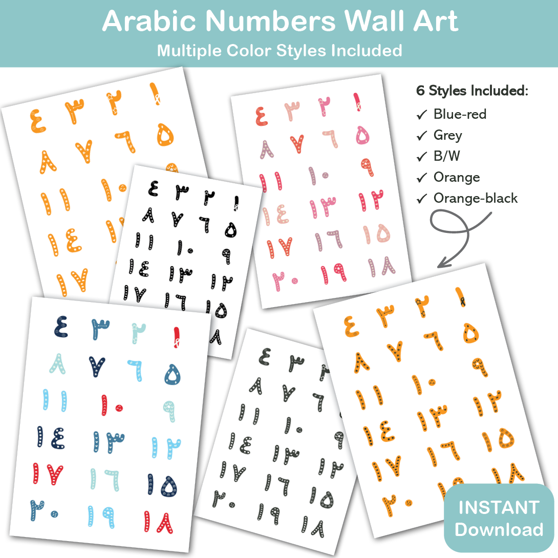 Arabic numbers printable sizes included A4 A3 A2 poster digital download kids wall art
