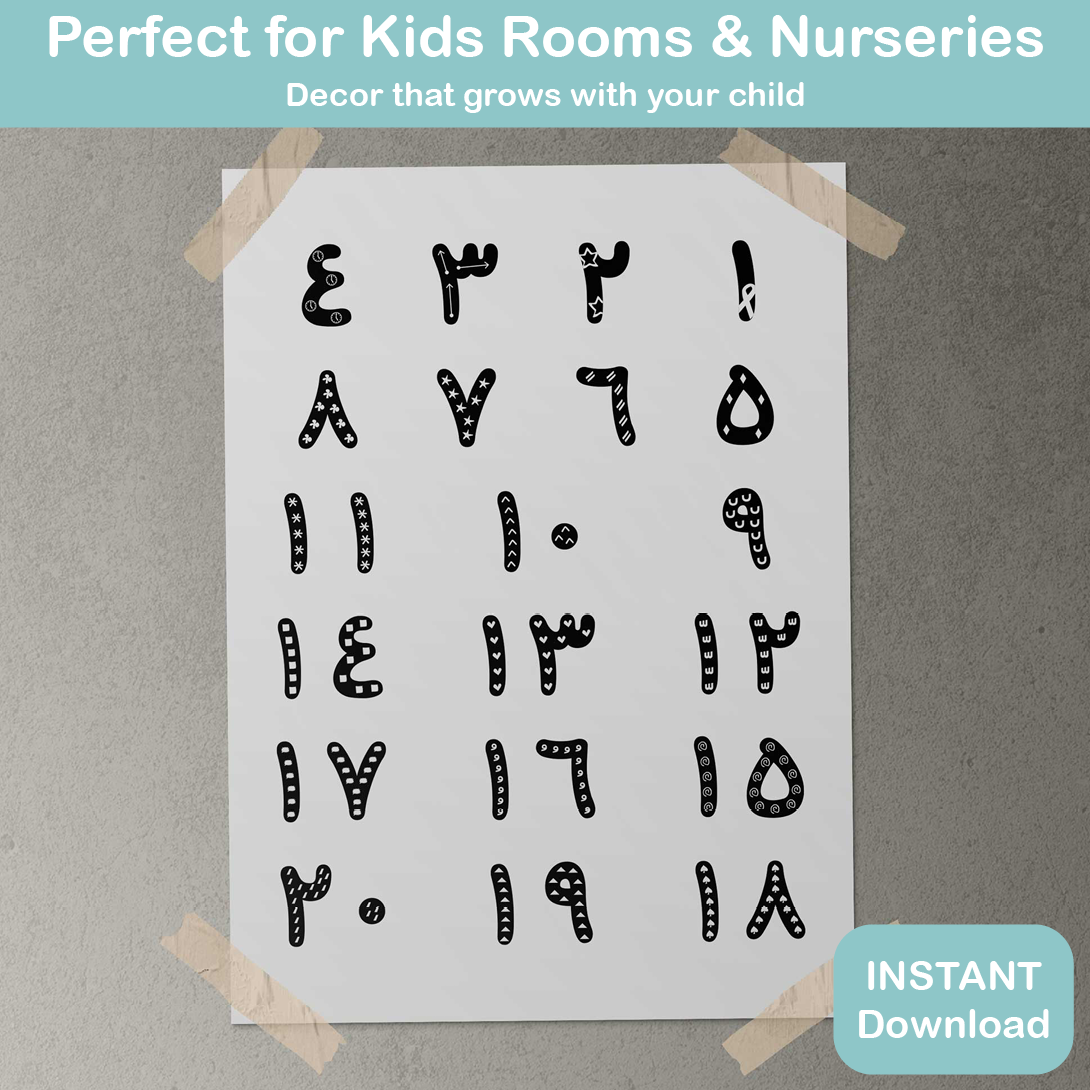 Arabic numbers poster in nursery room kids wall decor modern Arabic numeral print digital download