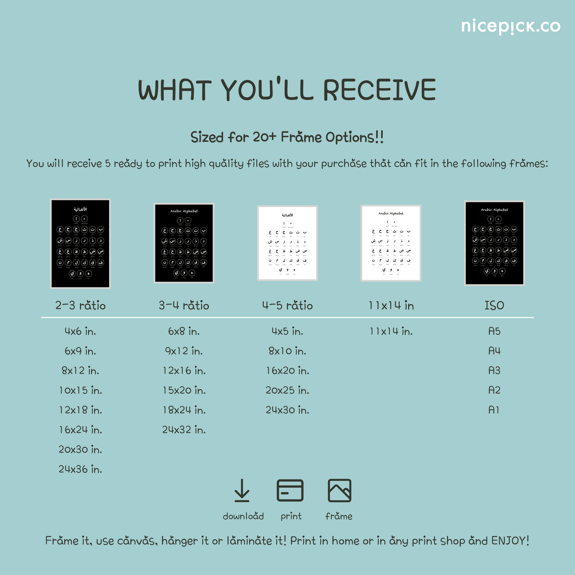 arabic alphabet printable sizes chart wall art digital download multiple frame sizes included