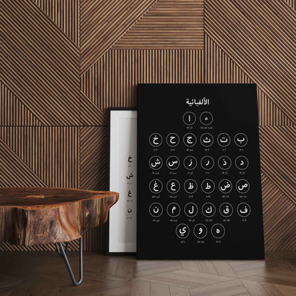 لوحة الأبجدية العربية · Arabic Alphabet Educational Poster – black background with white text, digital download for Arabic learning.