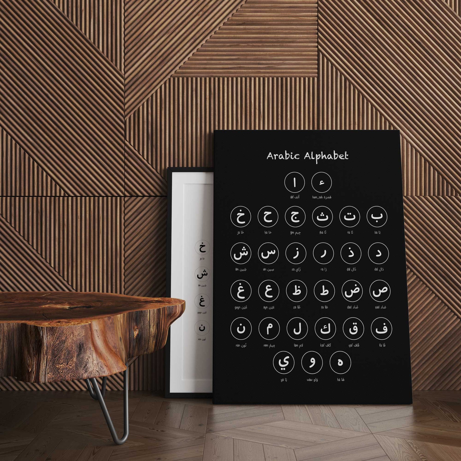 Arabic Alphabet Printable Design – monochrome wall art showing 29 Arabic letters and English transliteration, digital educational decor.