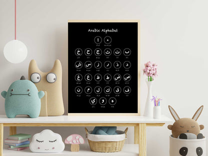 Arabic Alphabet Wall Decor – printable educational art with white Arabic letters on black background, homeschool wall art.