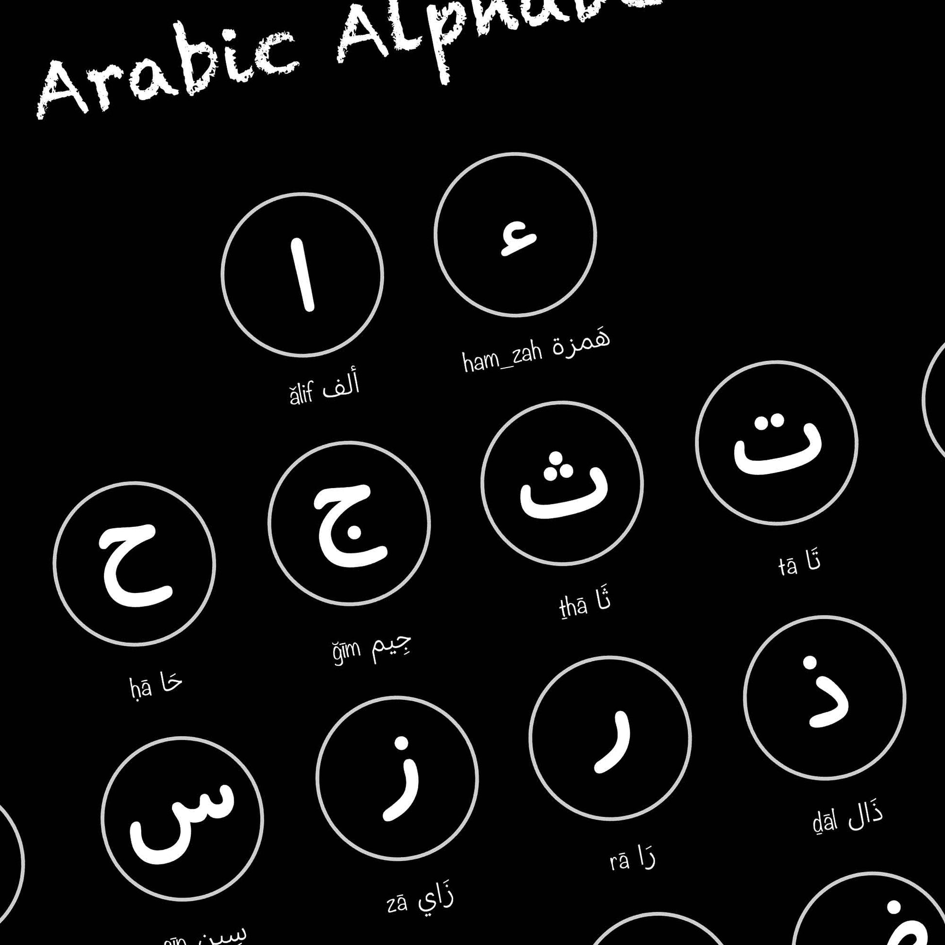 NicePick Arabic Alphabet Printable Poster – modern black-and-white educational wall art for children learning Arabic.