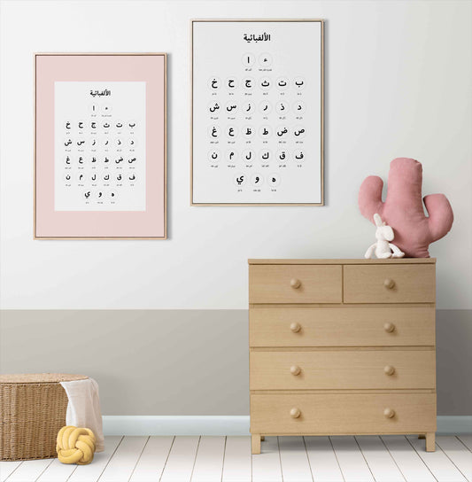 لوحة الحروف العربية · Arabic Alphabet Poster – modern printable wall art on white background, educational design for children’s rooms and nurseries.