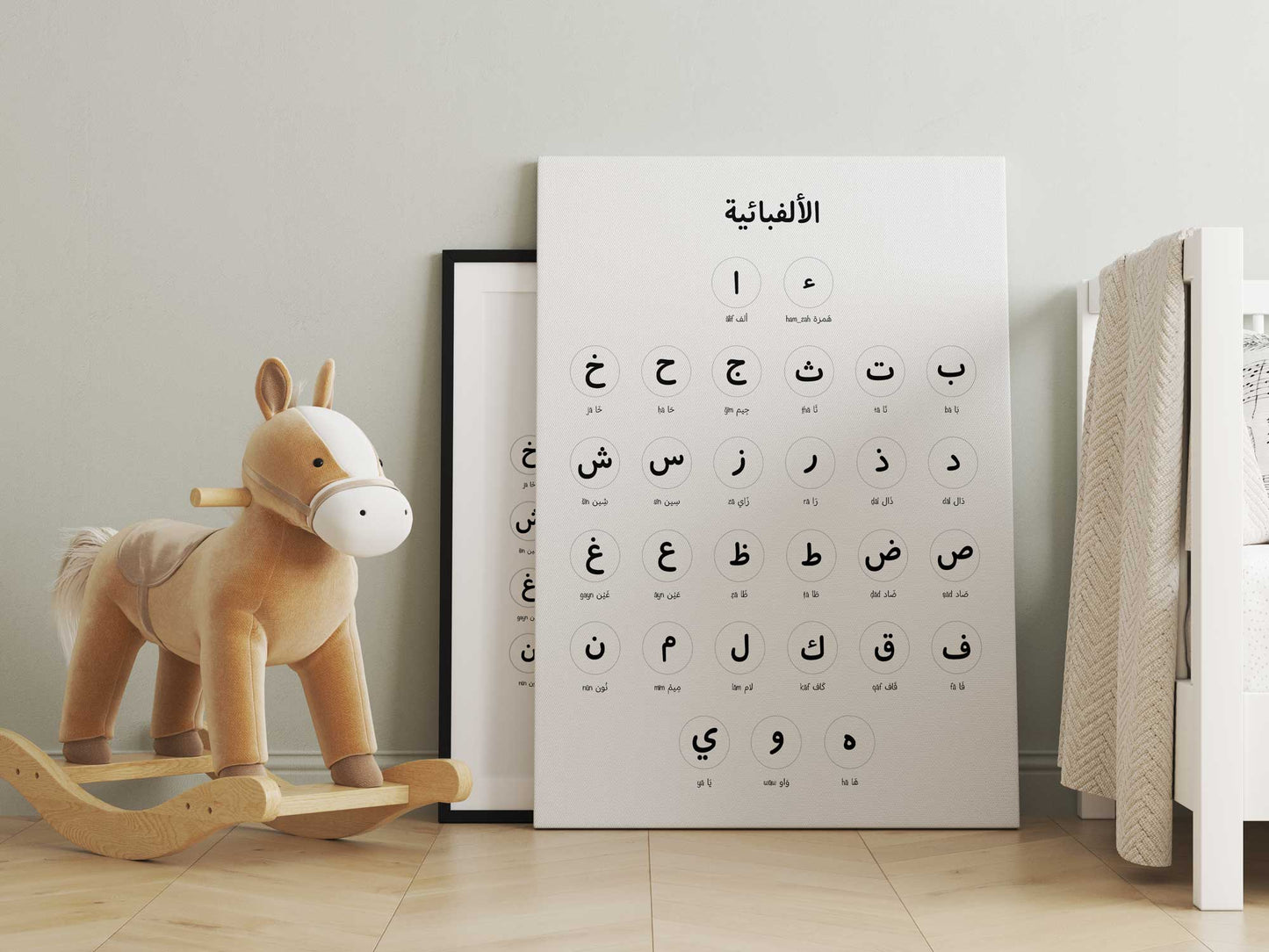 Arabic Alphabet Wall Decor · لوحة الأبجدية العربية – printable art for nursery and classroom, designed by NicePick studio.