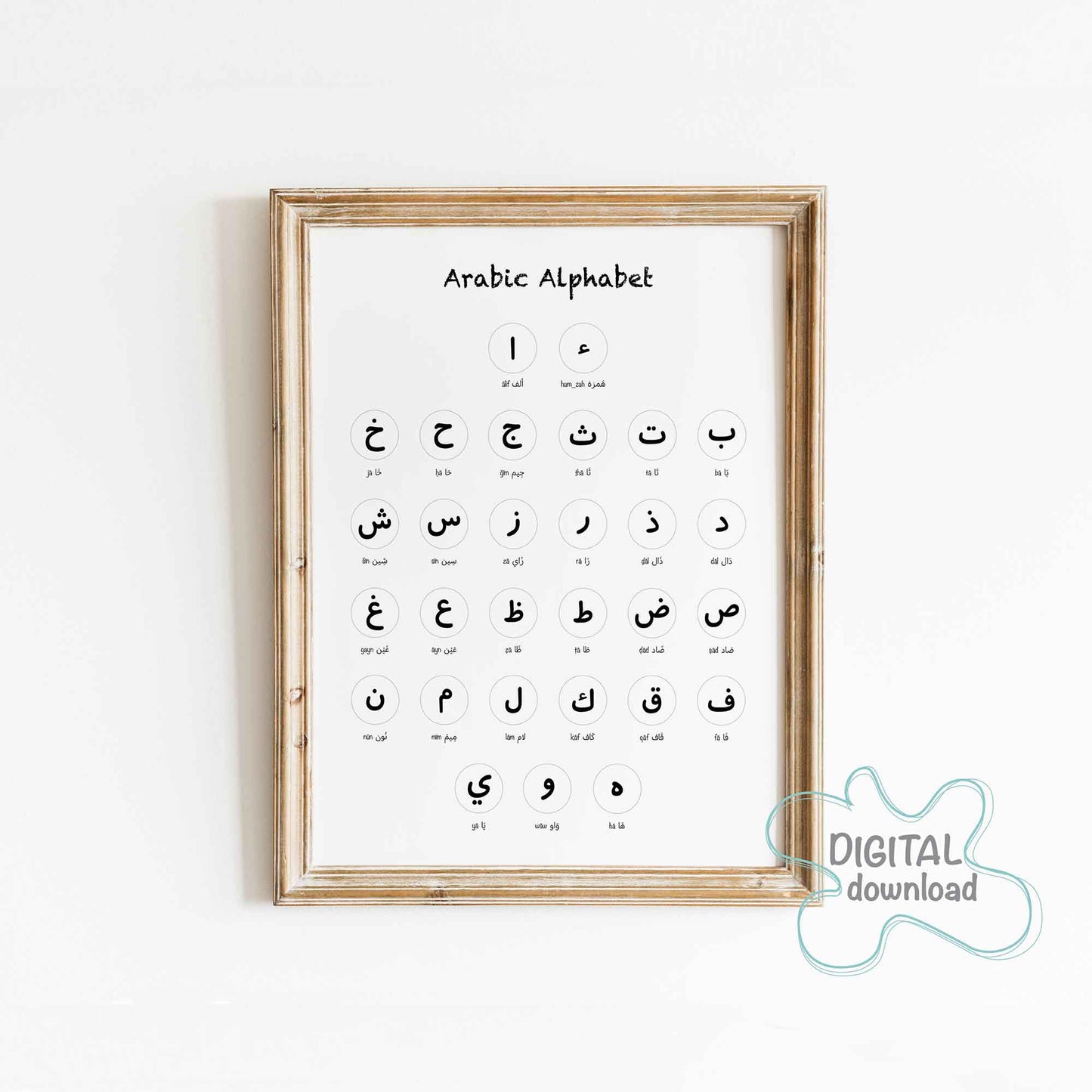 Arabic Alphabet Printable Poster – colorful educational wall art with 29 Arabic letters and English transliteration, digital download for kids’ rooms.