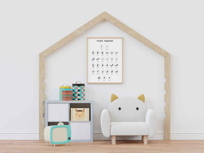 Modern Arabic alphabet print displayed above a child’s study desk, nursery or homeschooling decor, digital download.