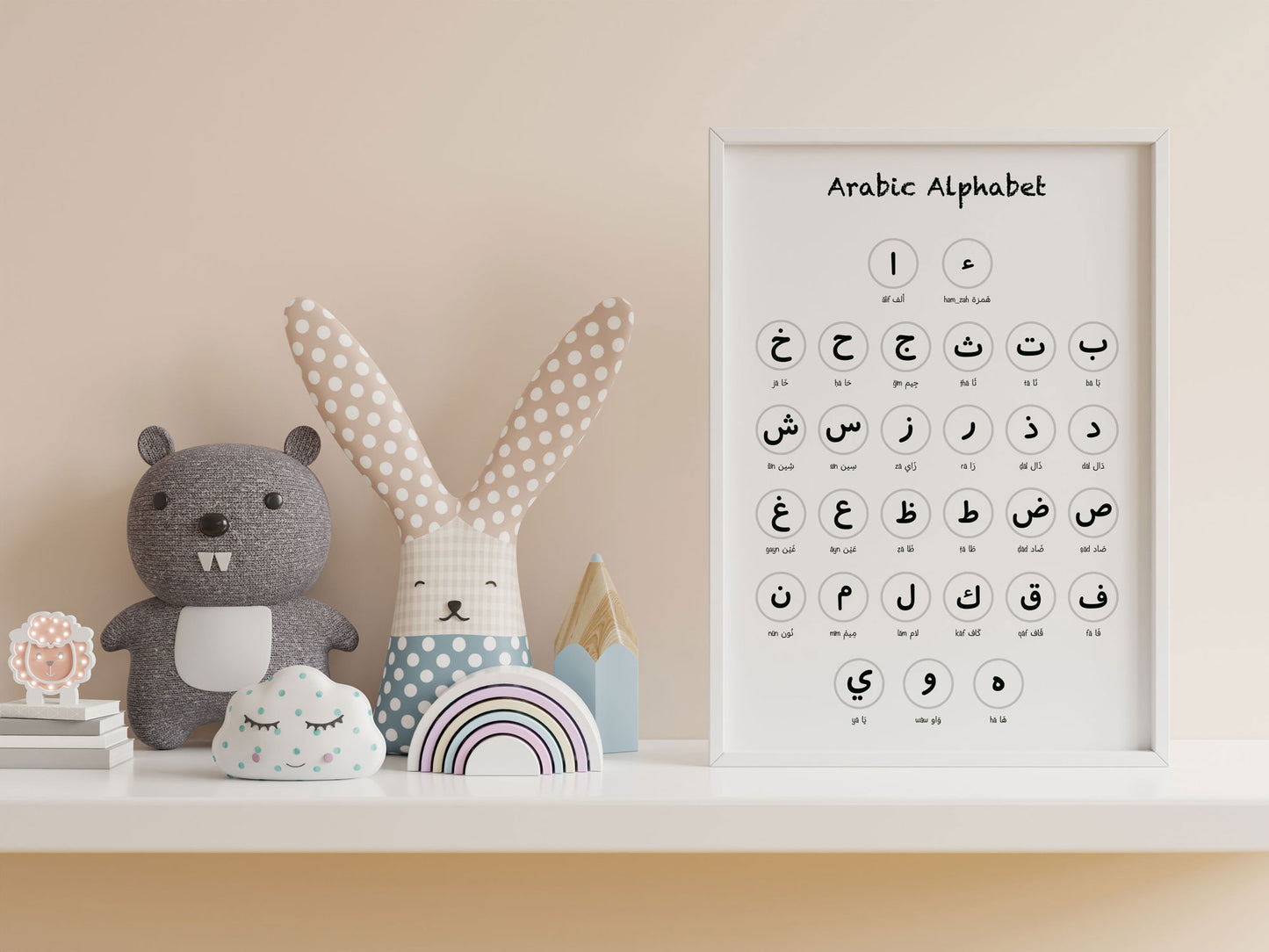 Close-up of Arabic alphabet wall art featuring soft pastel colors and clean typography, educational print for kids.