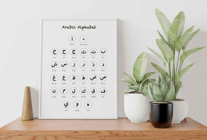 Digital Arabic alphabet printable poster flat lay, ready to print in multiple sizes including A5–A1 formats.