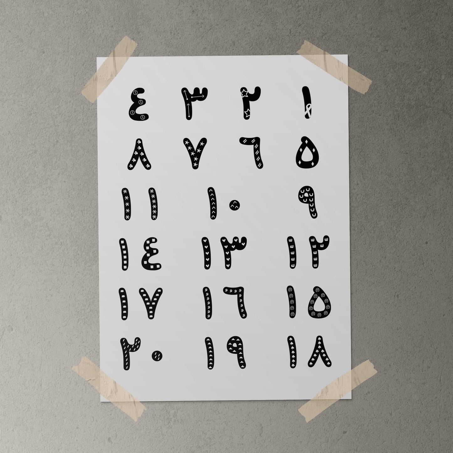 Framed لوحة الأرقام العربية – modern printable Arabic numbers wall art for children’s bedrooms or playrooms.